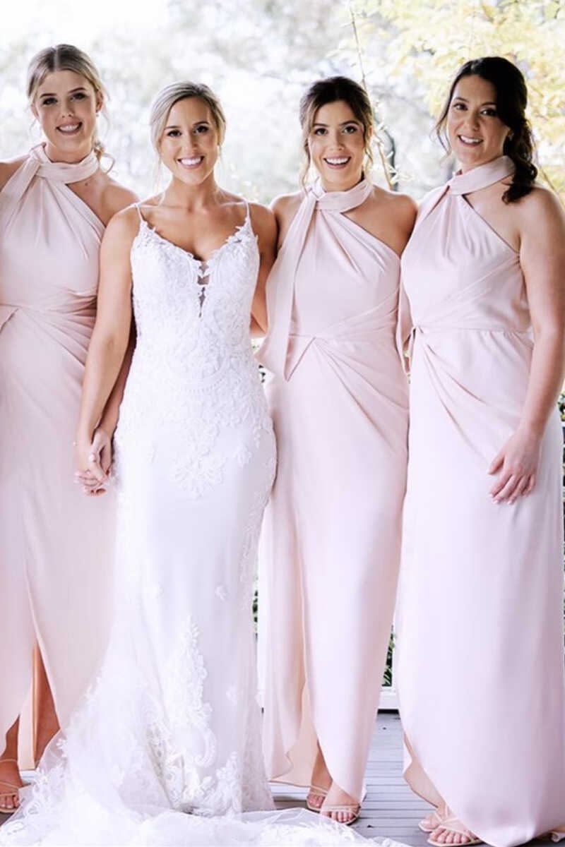 Pink Halter Backless Long Bridesmaid Dress - KissProm