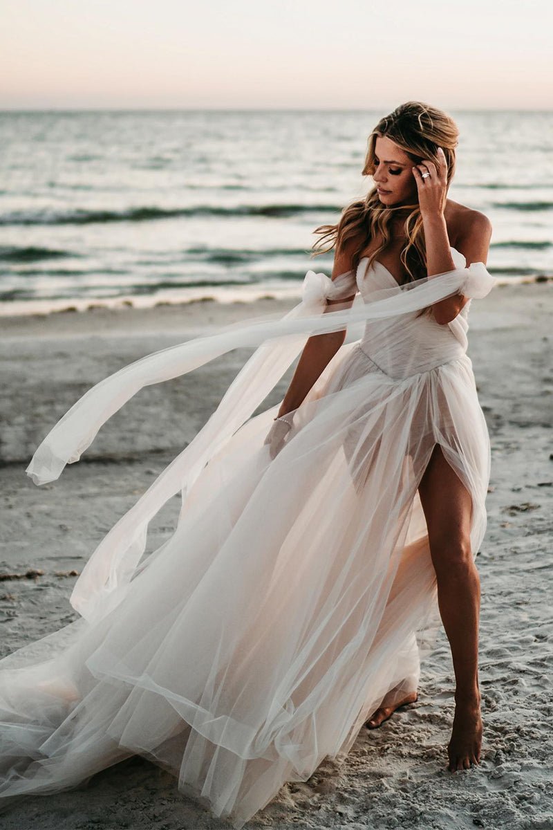 off shoulder fairy wedding dress Fairy Romantic Off Shoulder White Wedding Dress Sweep Train Y6878 –  Simplepromdress