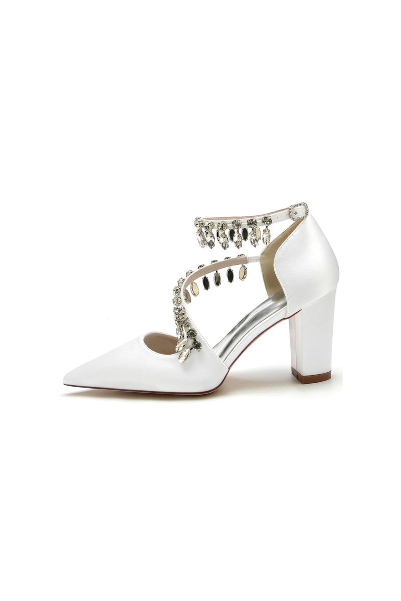 White High Heels with Chain and Crystal Accent - KissProm