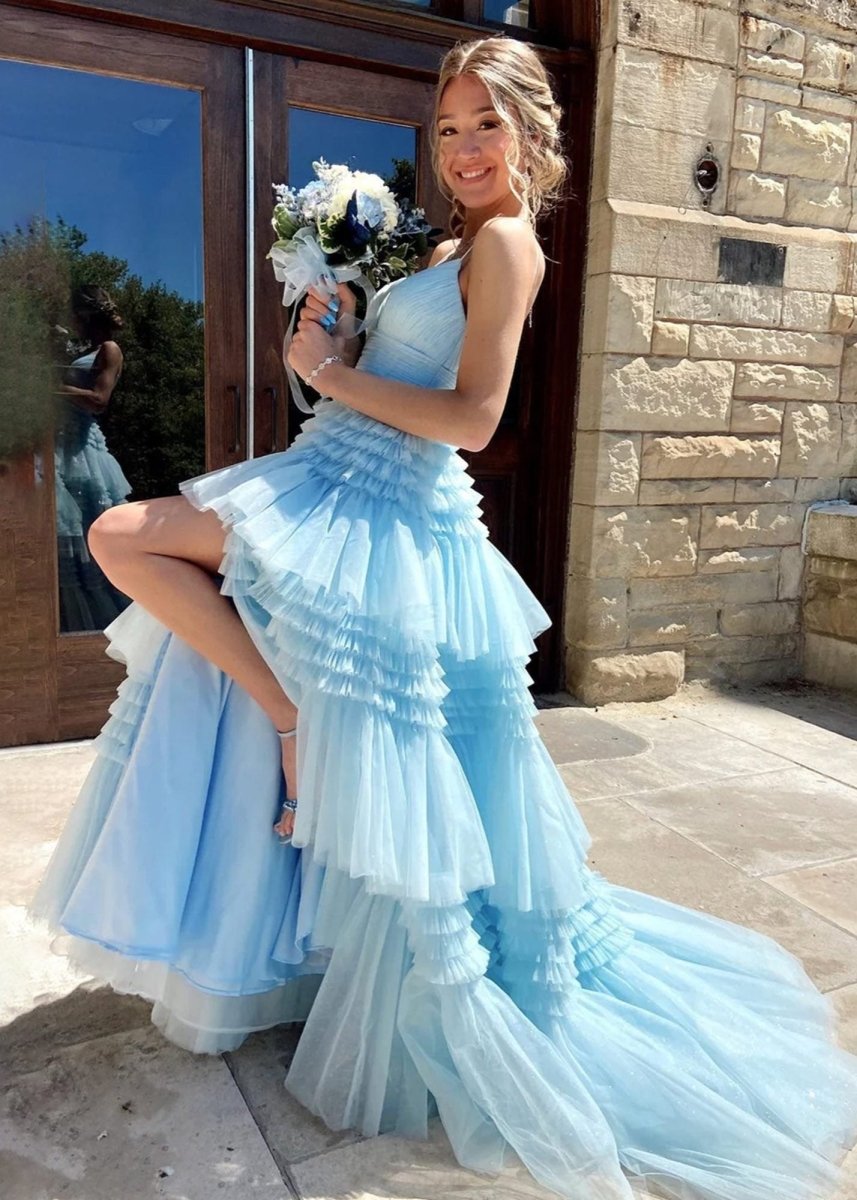 A-Line Spaghetti Straps Long Tiered Tulle Prom Dress with Split, Sky Blue / 6
