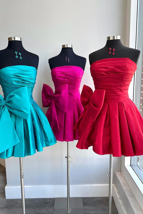 A-Line Strapless Pleated Party Dress with Bow – Homecoming Dress by KissProm | Available at KissProm