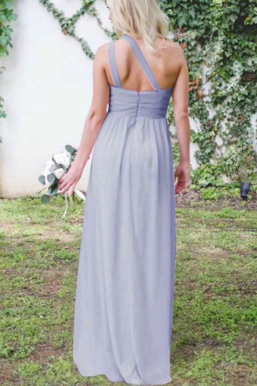 Dusty Blue One Shoulder Chiffon Long Boho Pleated Bridesmaid Dress - KissProm