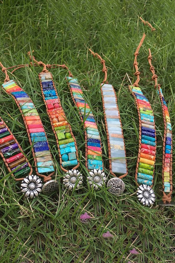 Leather Wrap Chain Bracelets with Stones - KissProm