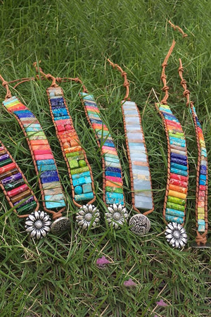 Leather Wrap Chain Bracelets with Stones - KissProm