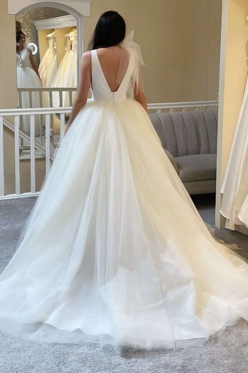 A-Line White Tulle Plunge V Open Back Wedding Dress