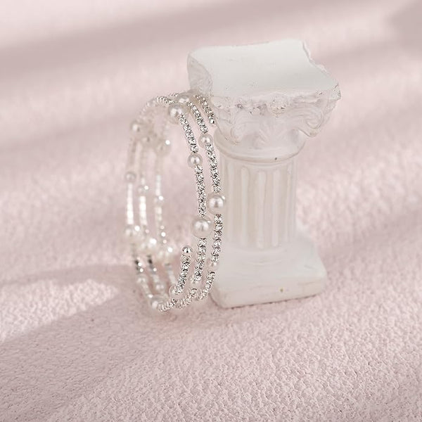 Multi Layered Stretch Wrap Silver Bracelets with Rhinestone - KissProm