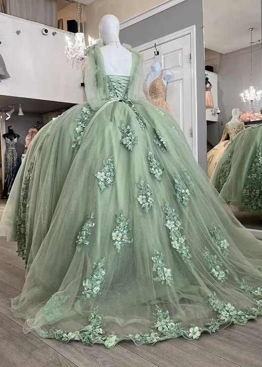 Ball Gown Tulle Off The Shoulder Sage Green Quinceanera Dress Sage Green / 8
