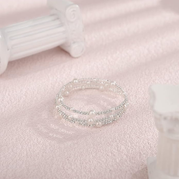 Multi Layered Stretch Wrap Silver Bracelets with Rhinestone - KissProm
