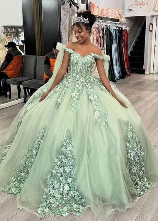 green quince dresses Ball Gown Tulle Off The Shoulder Sage Green Quinceanera Dress Sage Green / 8