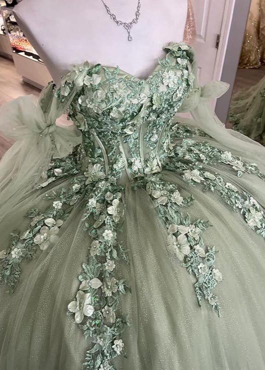 Ball Gown Tulle Off The Shoulder Sage Green Quinceanera Dress