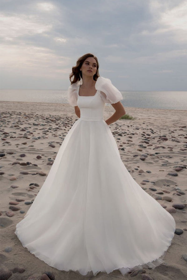 Charming A-Line Square Neck Short Sleeves Wedding Dresses with Train – Wedding Dresses by kissprom | Available at KissProm