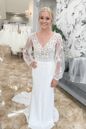 White Mermaid Deep V Neck Illusion Sleeves Appliques Long Wedding Dress