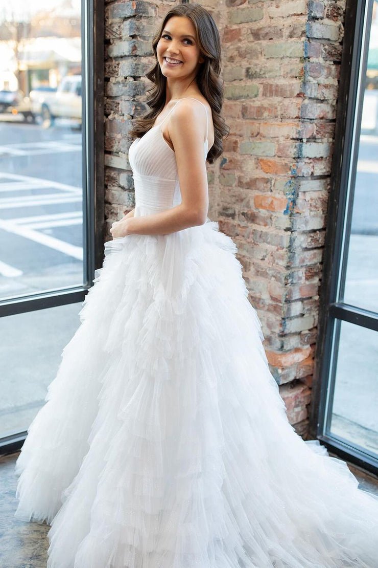 Alianna Pink A-Line Spaghetti Straps Tiered Tulle Prom Dress White / 10