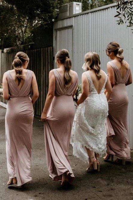 Chic V Neck Sleeveless Long Bridesmaid Dresses Simple Floor Length Bridesmaid Dress - KissProm