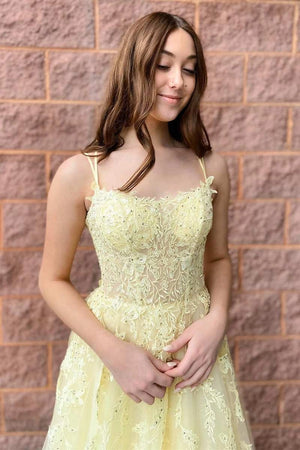 Laylah |A - Line Yellow Tulle Applique Lace - Up Prom Dress - KissProm