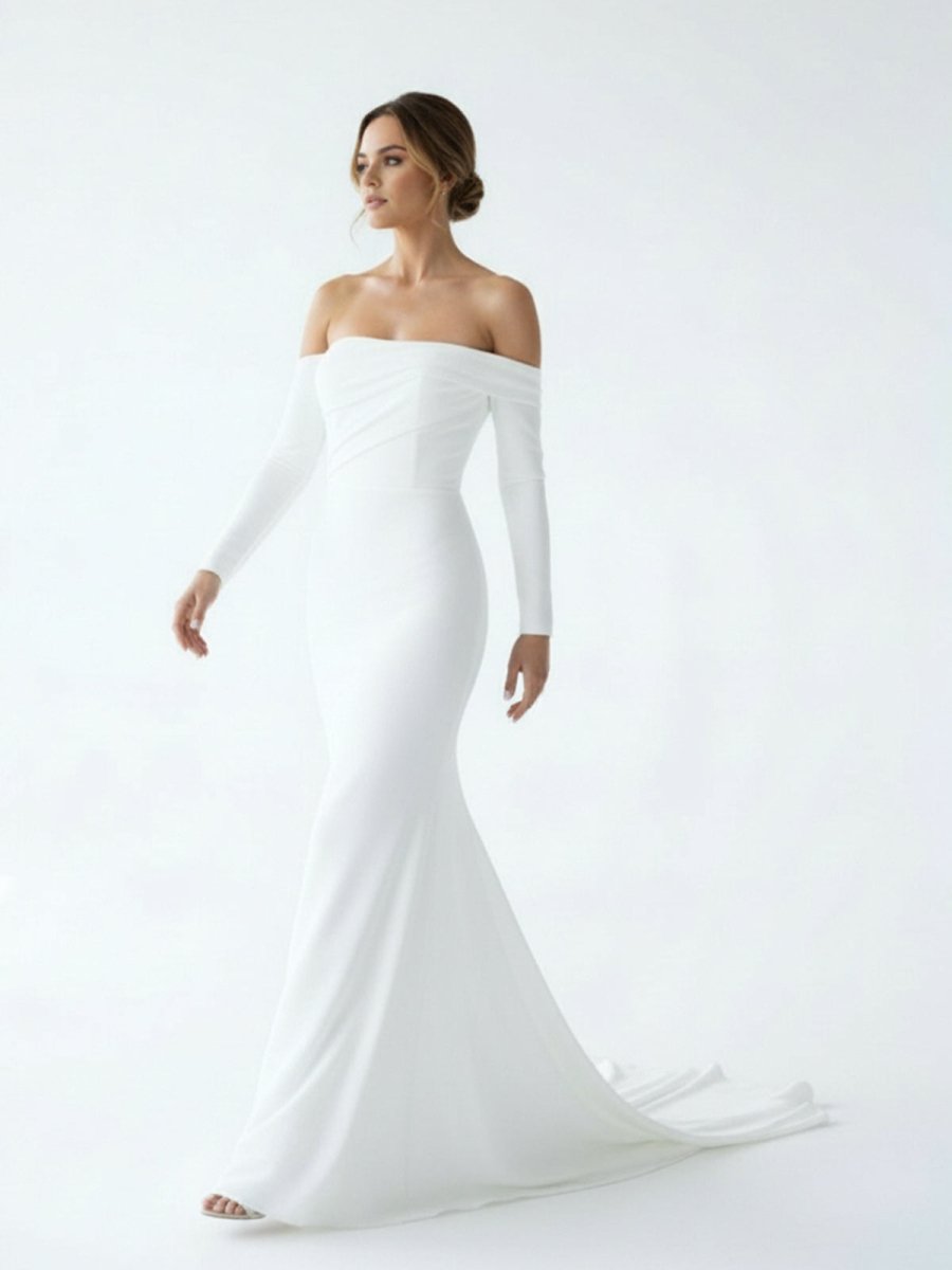 Pearl | Simple White Boho Mermaid Long Wedding Dress with Sleeves - KissProm