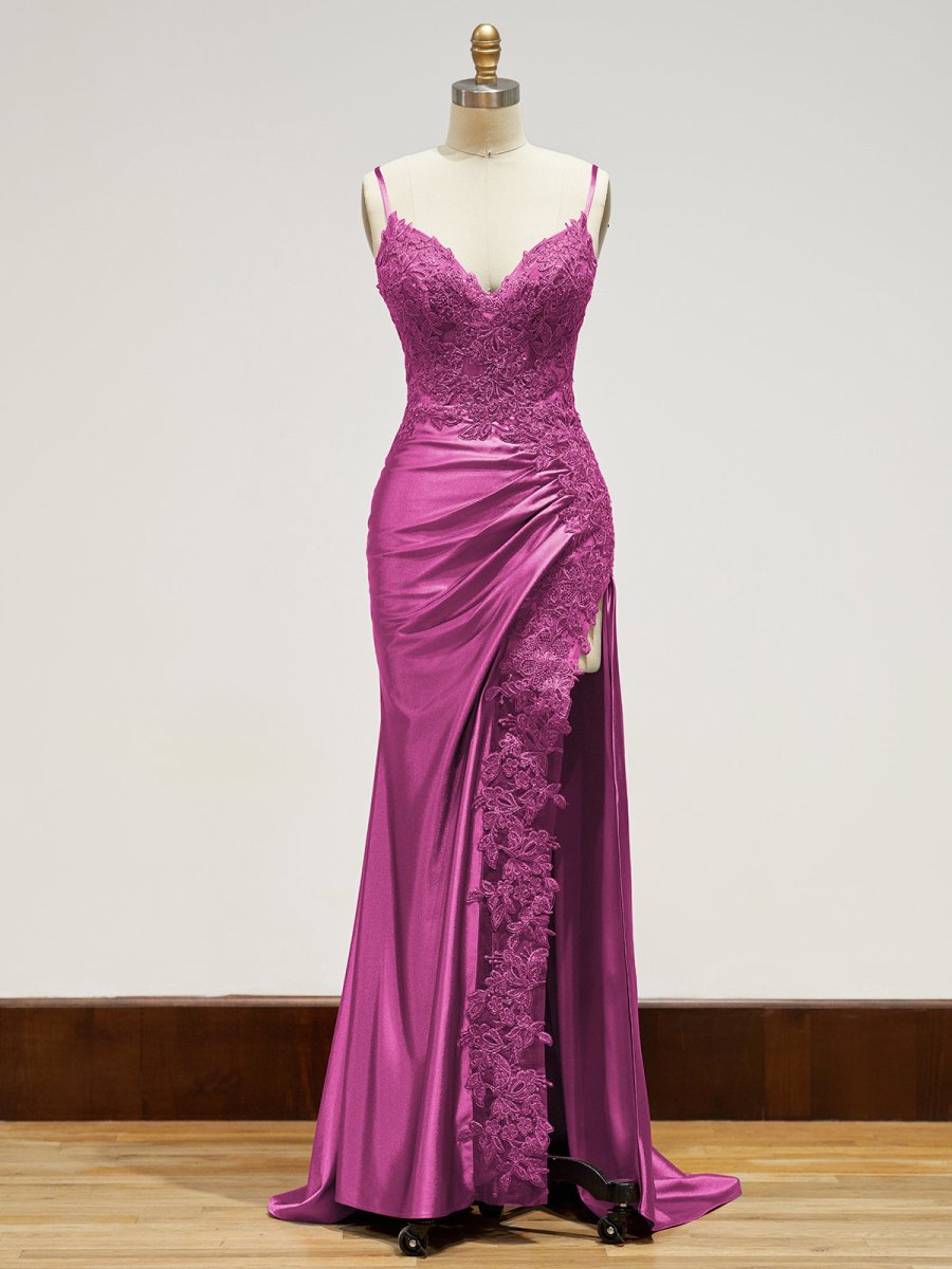 Sheath Spaghetti Straps Black Satin Long Prom Dresses with Lace Appliques, Fuchsia / 2