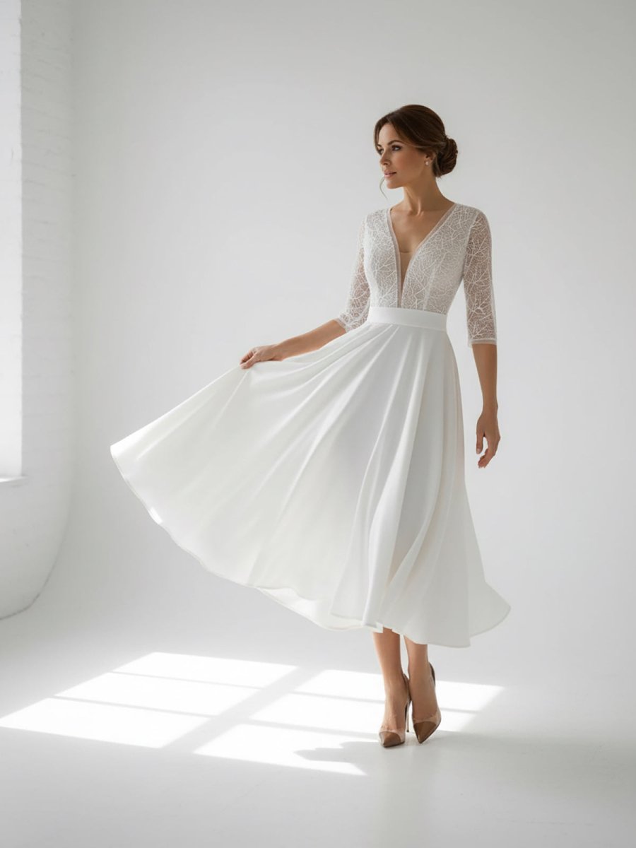 Margaritte | Satin V - neck A Line Tea - length Wedding Dress with Ruching and Sash - KissProm