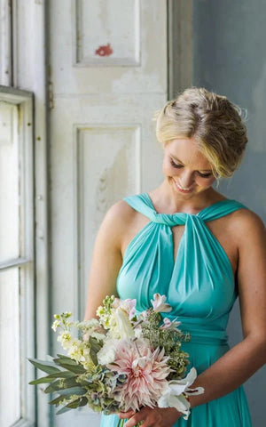 A Line Halter Neck Jersey Bridesmaid Dress With Half Sleeves And Straps Back - KissProm