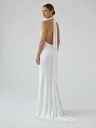 Sheath Satin Backless Halter Wedding Dress - KissProm