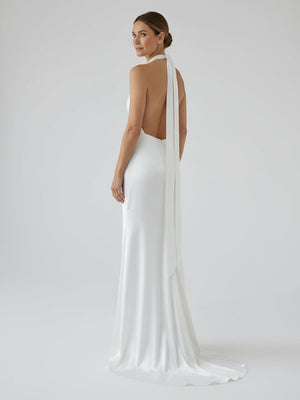 Sheath Satin Backless Halter Wedding Dress - KissProm