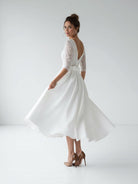 Margaritte | Satin V - neck A Line Tea - length Wedding Dress with Ruching and Sash - KissProm