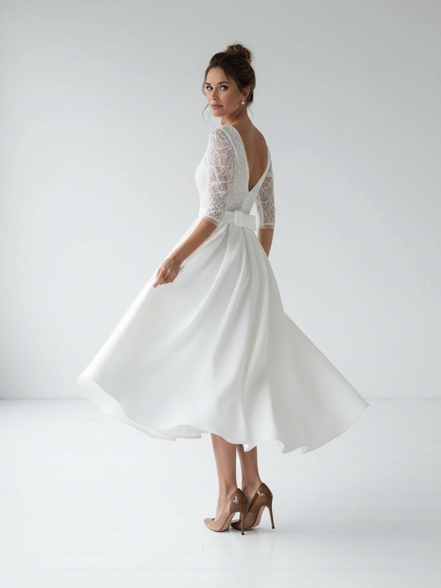 Margaritte | Satin V - neck A Line Tea - length Wedding Dress with Ruching and Sash - KissProm