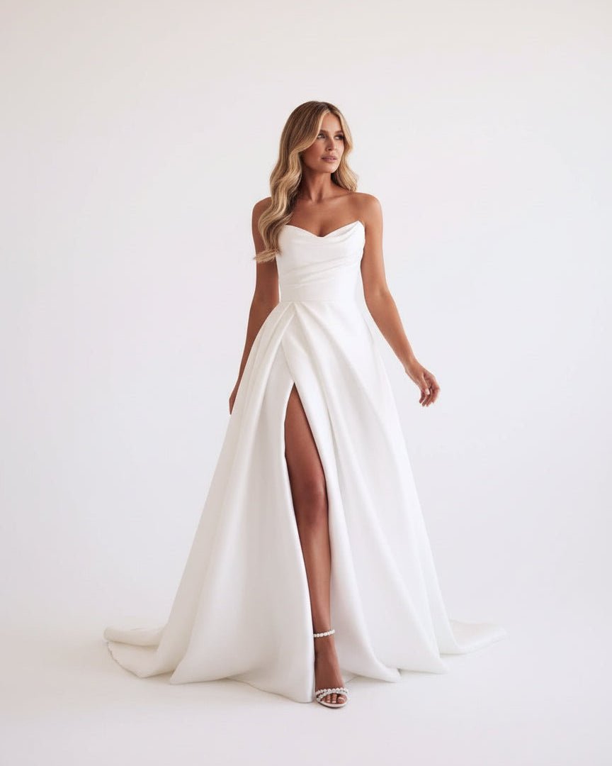 A-Line White Sleeveless Satin Wedding Dress With Side Slit A-Line White Sleeveless Satin Wedding Dress With Side Slit