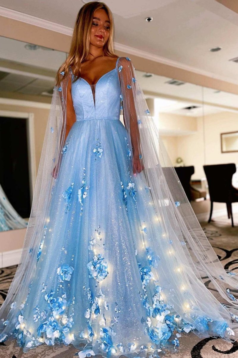 Lavender 3D Floral Lace A-Line Prom Dress with Cape Sleeves, Lavender / 8 Lavender 3D Floral Lace A-Line Prom Dress with Cape Sleeves, Lavender / 8