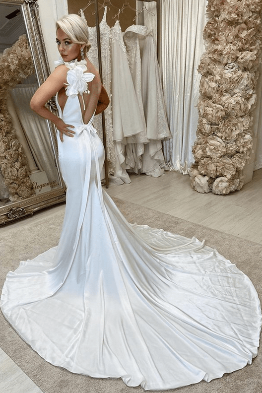 White Satin Backless Mermaid Wedding Dress with Flowers Diamond White / 2