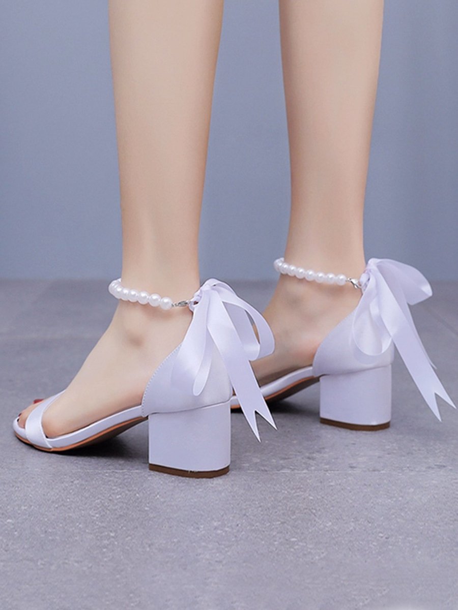 Single Strap Chunky Heels Sandals with Beaded Ribbons - KissProm