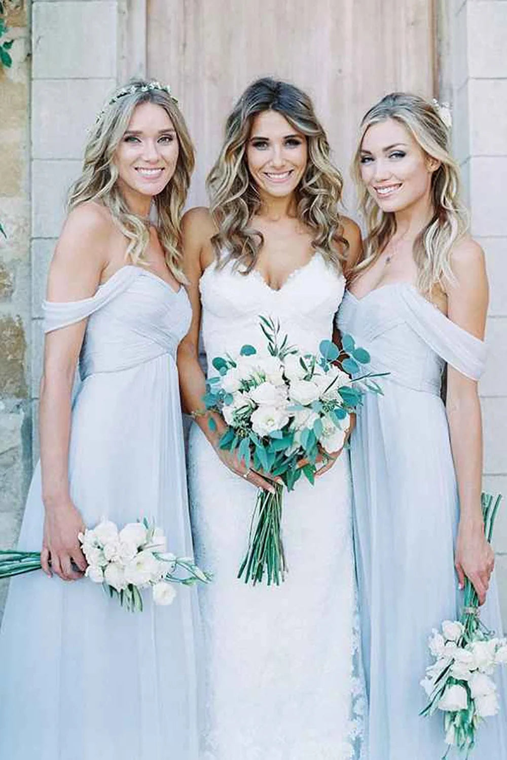 Light Blue A - Line Off the Shoulder Long Chiffon Boho Bridesmaid Dress - KissProm
