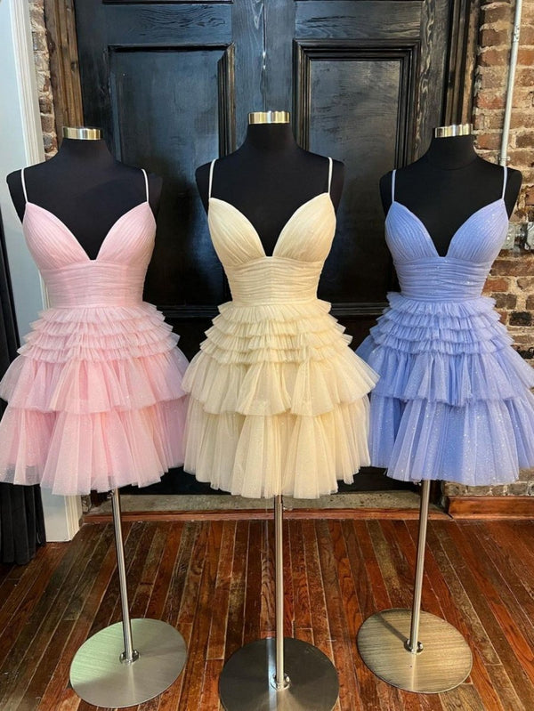 A-Line Deep V Neck Tiered Short Homecoming Dress - KissProm