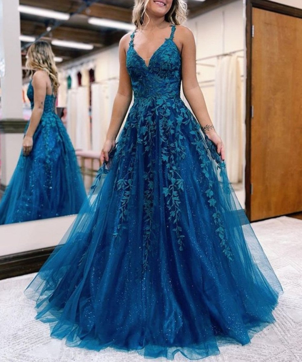 A Line Ink Blue Glitter Tulle Lace Prom Dress, Ink Blue / 8