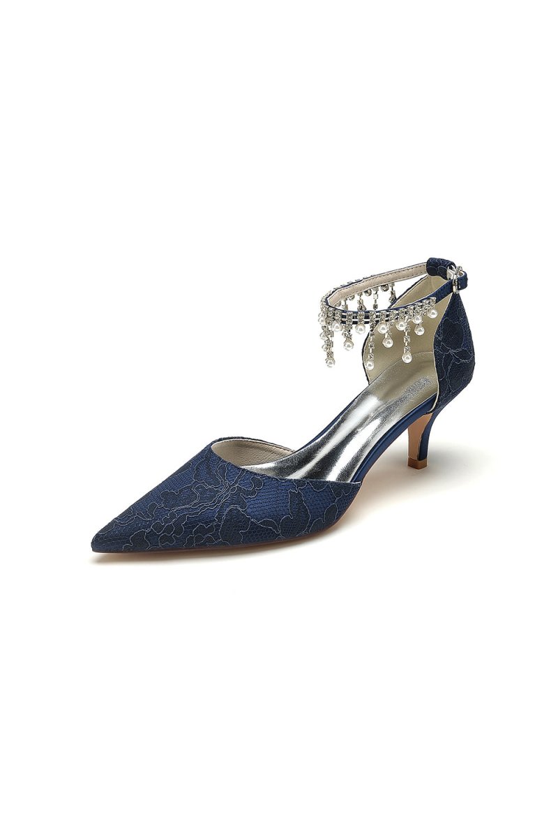 Pointed Toe Pearl Chain Strap High Heels - KissProm