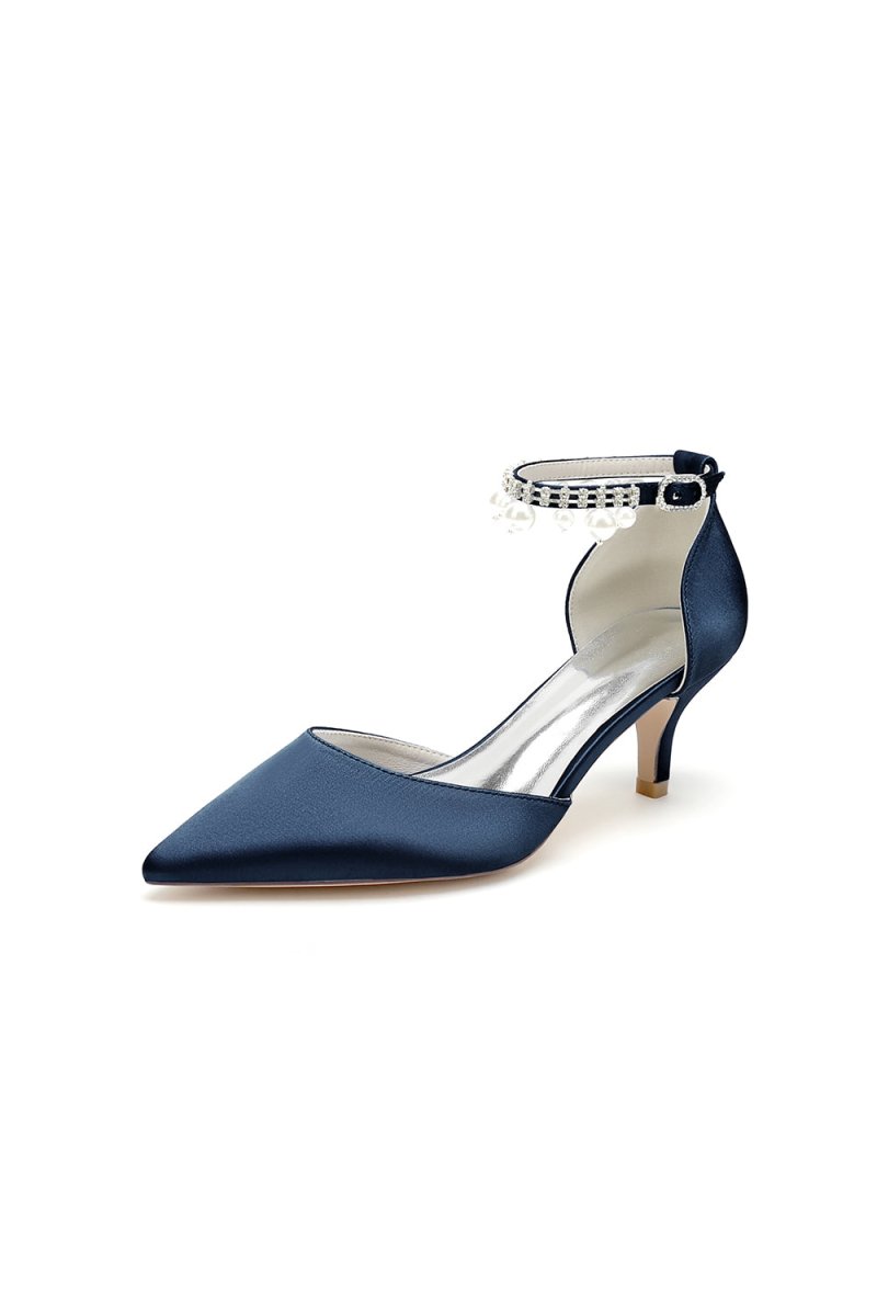 Pointed Toe Pearl Strap Kitten Heels - KissProm