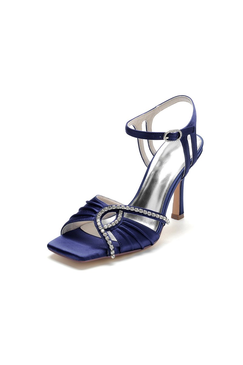 Royal Blue Satin Heels with Rhinestone Detailing - KissProm