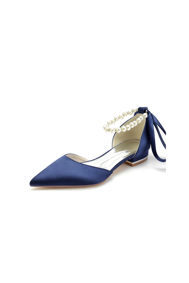 Pearl Ribbon Pointed Toe Ankle Strap Kitten Heels - KissProm