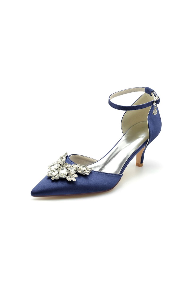 Pointed Toe Satin Kitten Heels With Rhinestone - KissProm