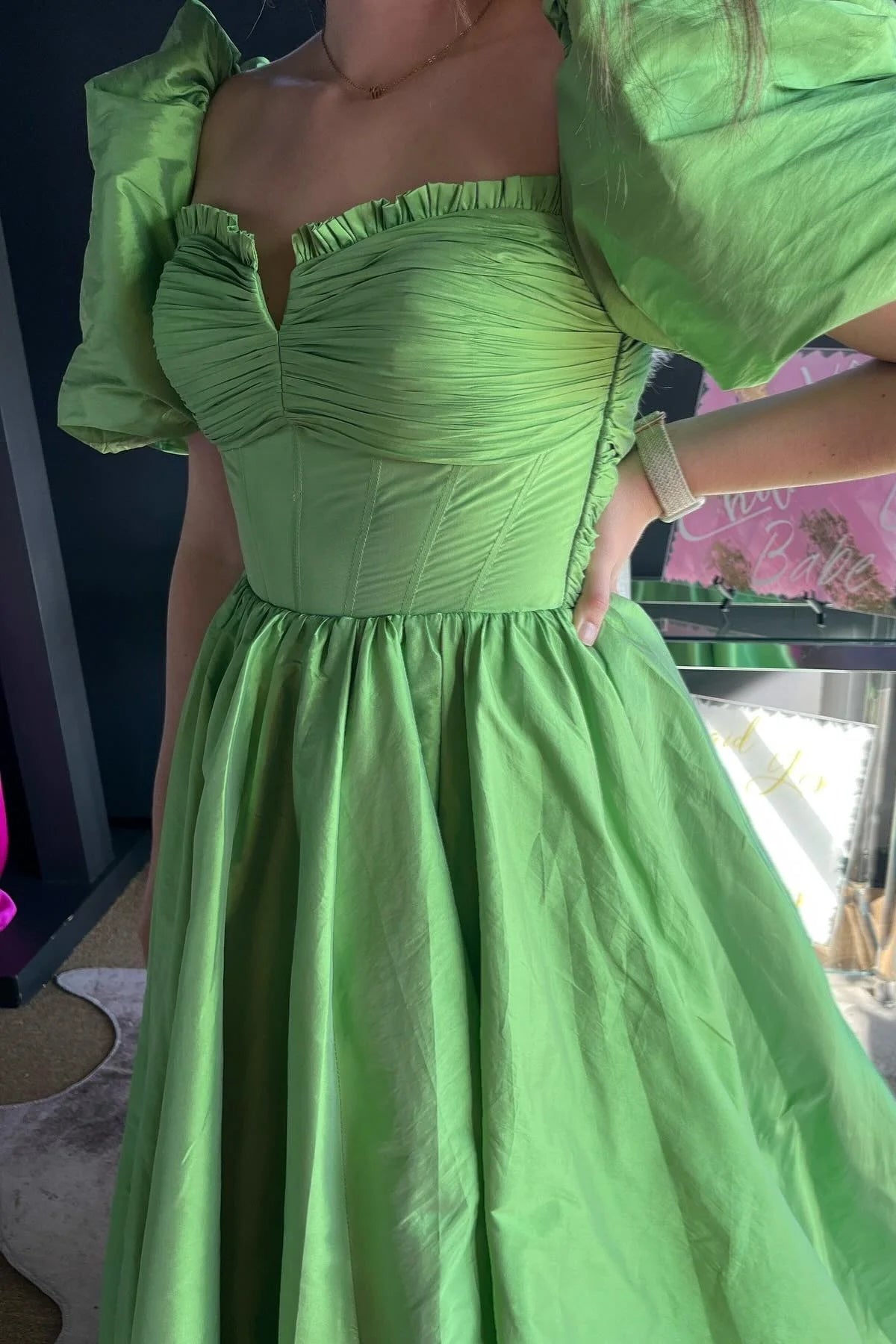 Aurora | Green Ruffled Puff Sleeves Satin Long Prom Dress
