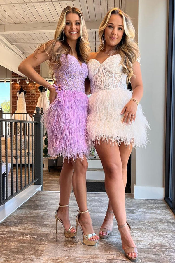 Cute Sweetheart Ivory Feather Short Homecoming Dresses with Appliques - KissProm