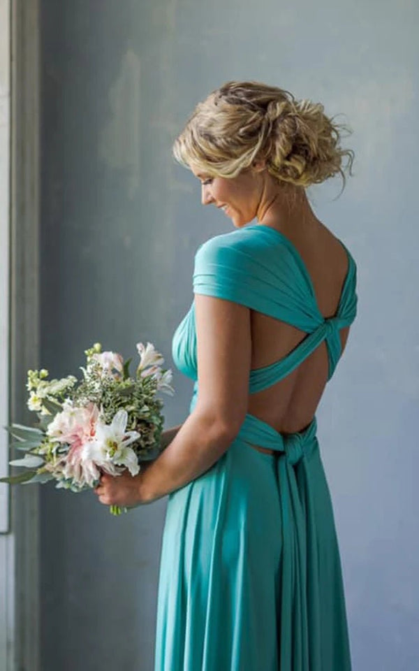 A Line Halter Neck Jersey Bridesmaid Dress With Half Sleeves And Straps Back - KissProm