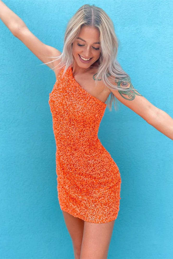 Hot Pink Sheath One Shoulder Sequins Mini Party Dresses, Orange / 4 Hot Pink Sheath One Shoulder Sequins Mini Party Dresses, Orange / 4