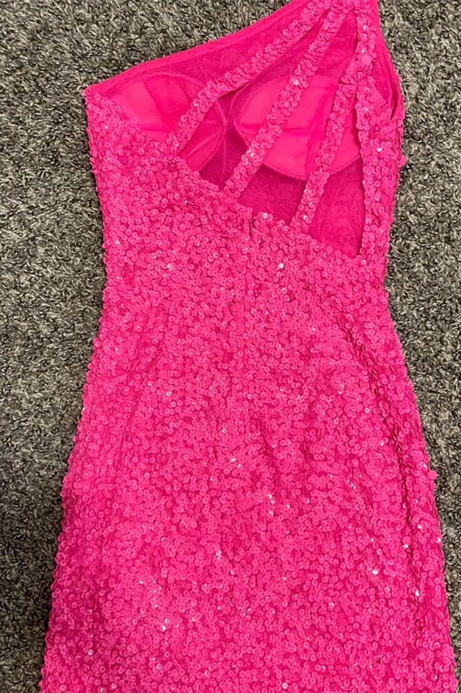 Vicky Short Hot Pink Sheath One Shoulder Sequins Homecoming Dress