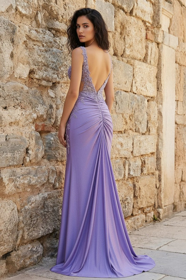 Solstice | Charming Mermaid V Neck Sage Green Slit Prom Dresses with Appliques - KissProm