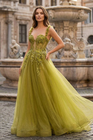 Faylina | A - Line Sage Sweetheart Tulle Long Prom Dresses with Lace Appliques - KissProm