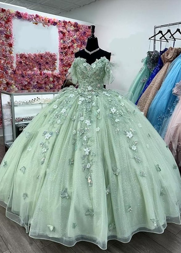 Ball Gown Tulle Off The Shoulder Sage Green Quinceanera Dress Sage Green / 8