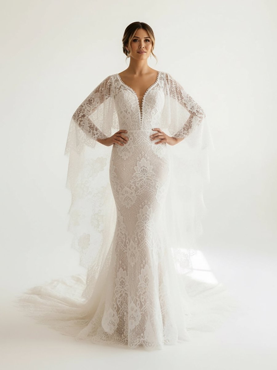 Anais | Ivory Long Sleeve Cape Lace Mermaid Wedding Dress with Appliques - KissProm