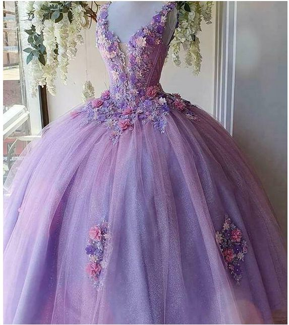 Princess Tulle Long Prom Dress with Flower Ball Gowns Quinceanera Dresses