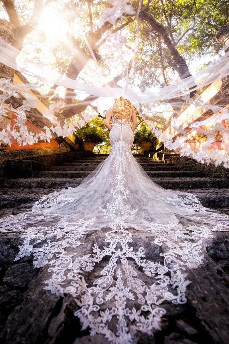 Mermaid V Neck Tulle Wedding Dresses with Train - KissProm